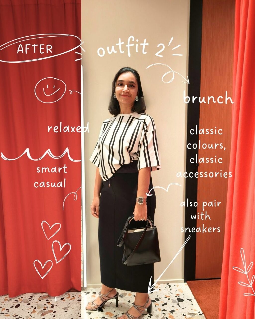 Woman showing her before and after makeover look/outfit