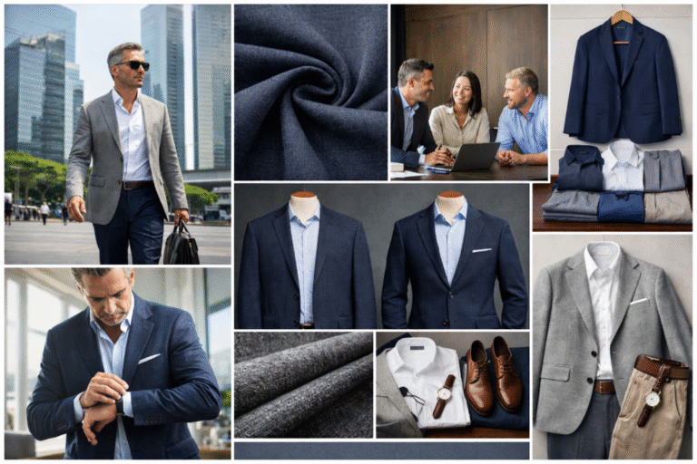 Executives professionally dressed, in a meeting. Fabric swatches and professional dressing images.