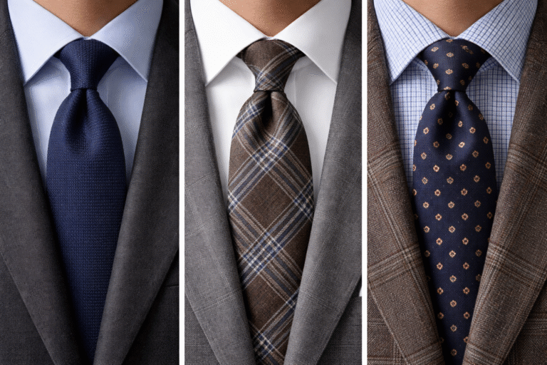 Triptych of three men’s suits and ties: left a dark blue knit tie with light blue shirt, middle white shirt with brown plaid tie, right check shirt with dark blue tie and small gold dots.