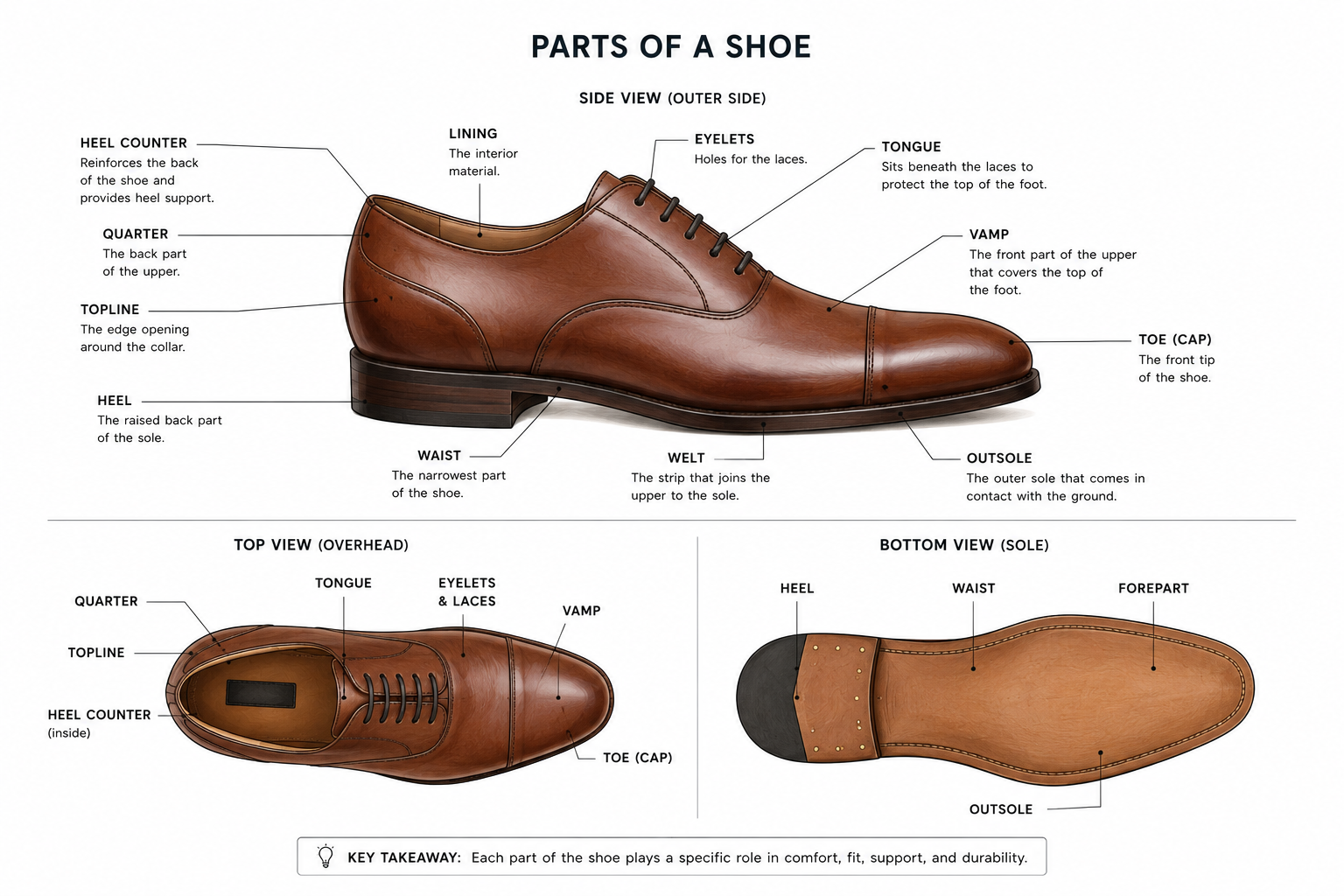 Diagram labeled 'Parts of a Shoe' showing front, side, top and bottom views with parts such as toe cap, vamp, tongue, eyelets, welt, lining, heel counter, quarter, topline, waist, welt, and outsole explained for learning footwear anatomy.