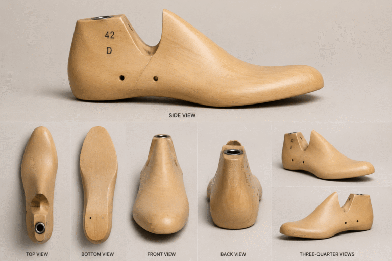 Set of wooden shoe lasts shown from multiple angles (side view, top view, bottom view, front view, back view, and three-quarter views) on a neutral background; light wood with stamped '42 D'.