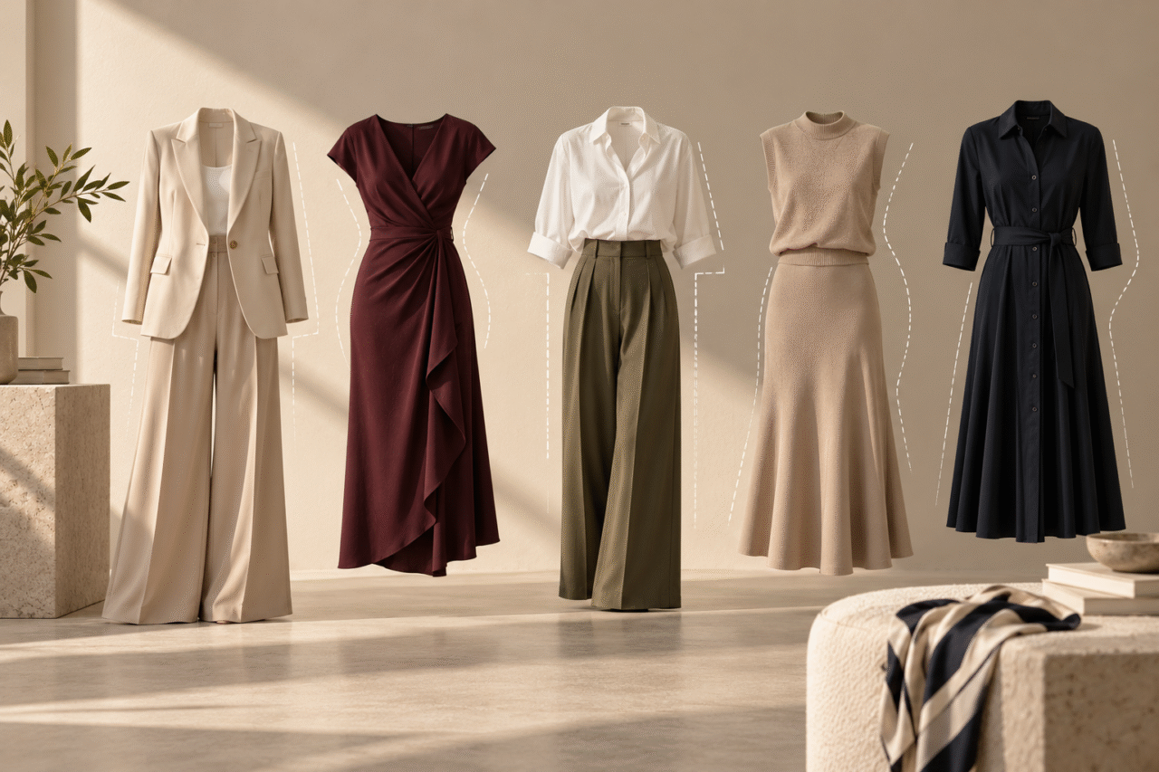 Women's clothing in different silhouettes, including tailored separates, dresses and relaxed cuts for changing body proportions.
