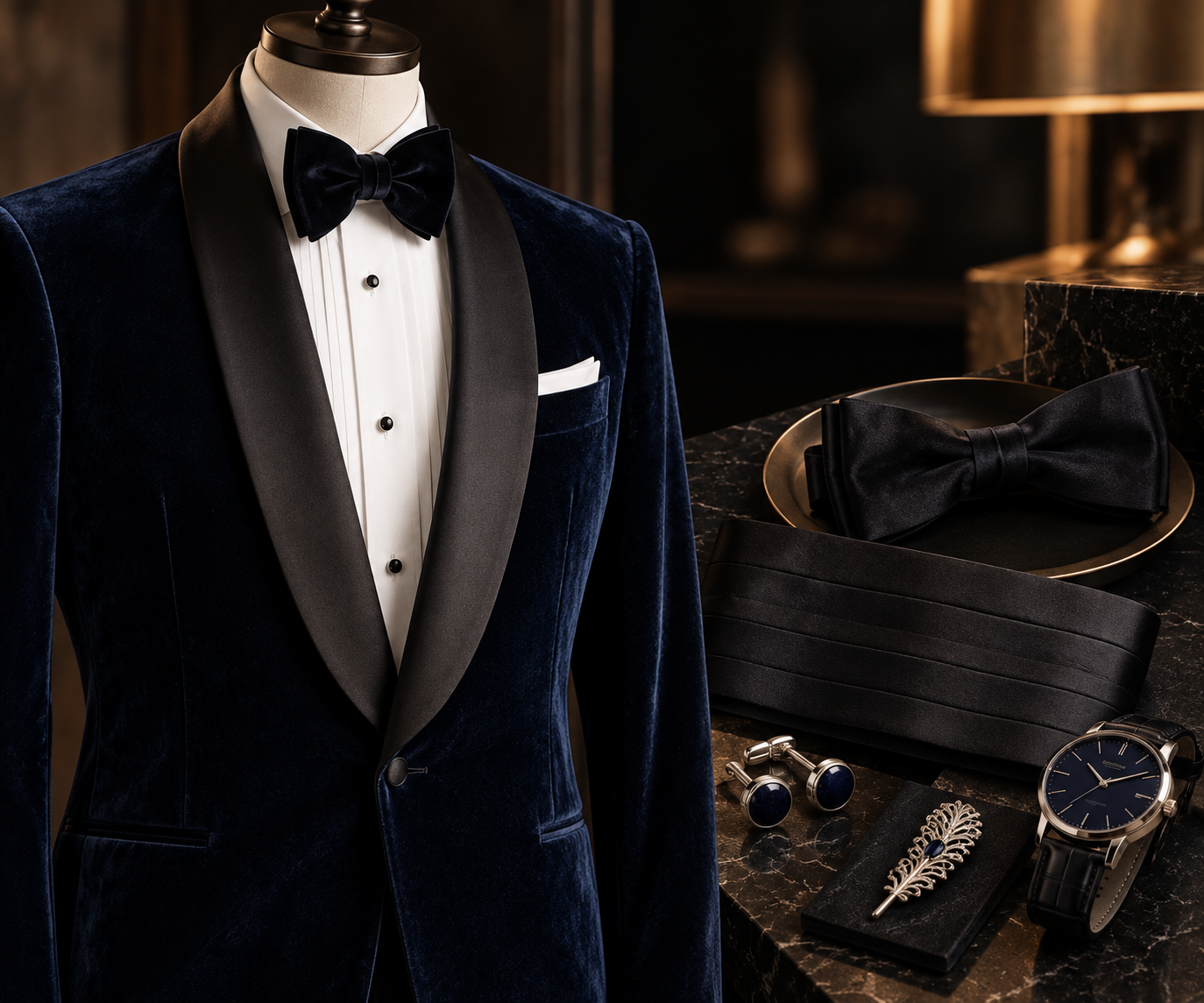 Navy tuxedo and bow tie at formal gala event — classic black-tie dressing for senior executives