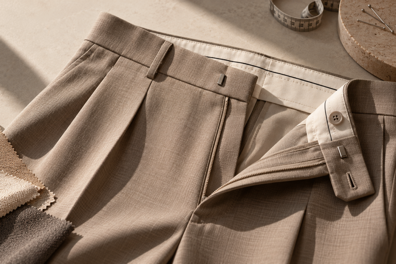 Close-up of tailored trousers showing waistband construction, pleats, seams and stitching that influence garment fit.
